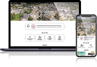 Copies d'écran de mon village digital sur mobile et desktop